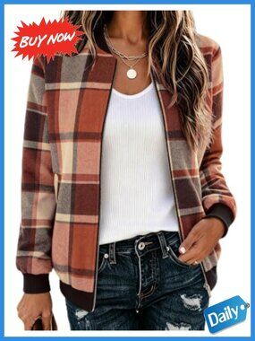 Lightweight Plaid Flannel Bomber Jacket Zip Up Women's Coat